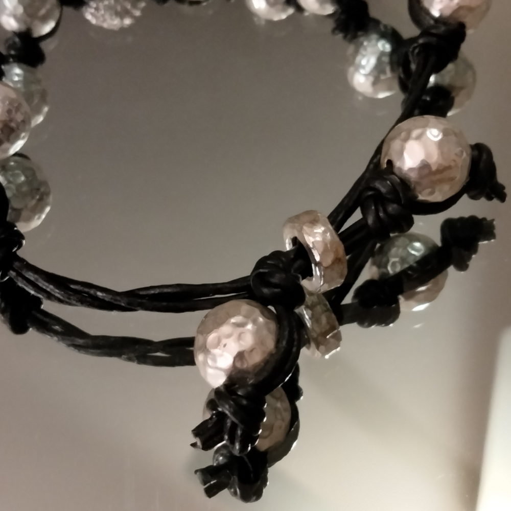 Silver Hammered Bead Bracelet On Black Leather Cord Y2k vintage - Picture 13 of 14